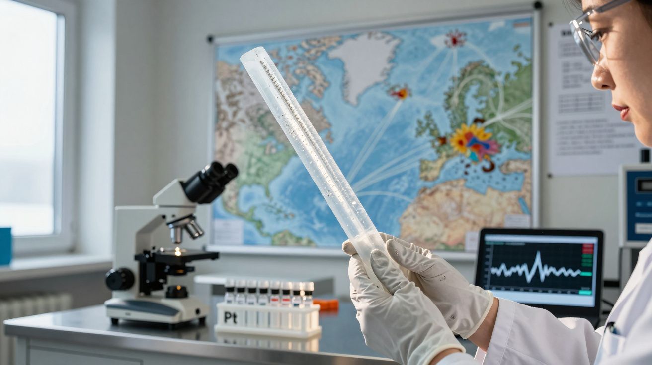 Cientista com luvas examina tubo de ensaio em laboratório, com microscópio e mapa epidemiológico ao fundo.