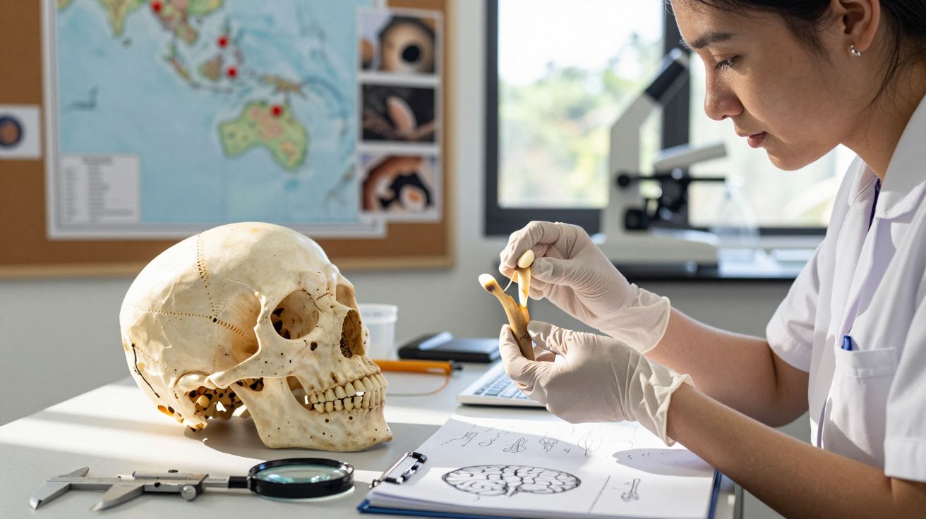 Estudante ou profissional examina osso da mandíbula com crânio humano e desenhos anatómicos numa mesa.