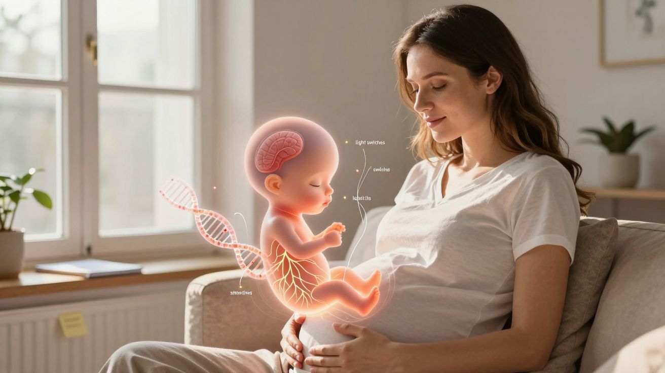 Mulher grávida sentada no sofá a tocar na barriga com ilustração digital do feto a crescer.