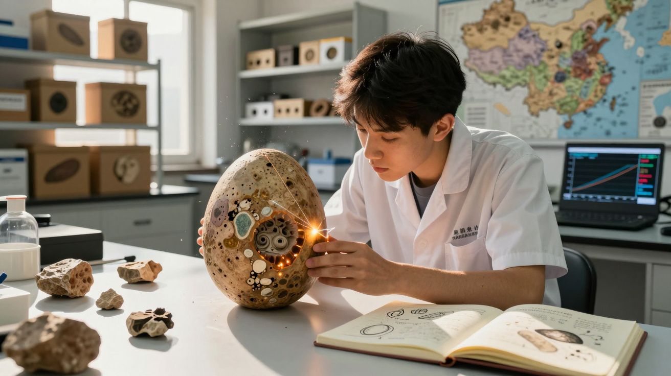 Estudante em laboratório investiga um objeto oval com engrenagens, com livro aberto e mapas ao fundo.