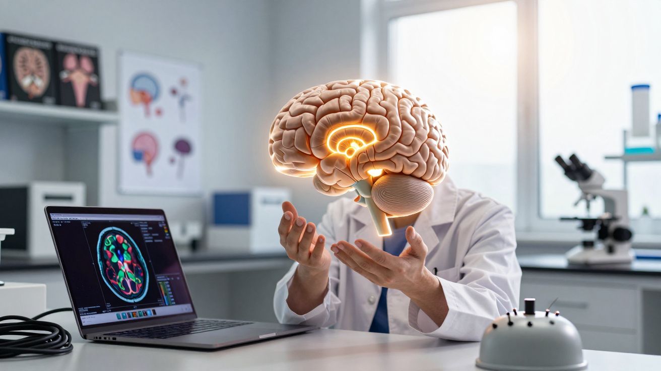 Cientista com bata branca numa sala de laboratório a analisar um cérebro digital flutuante.