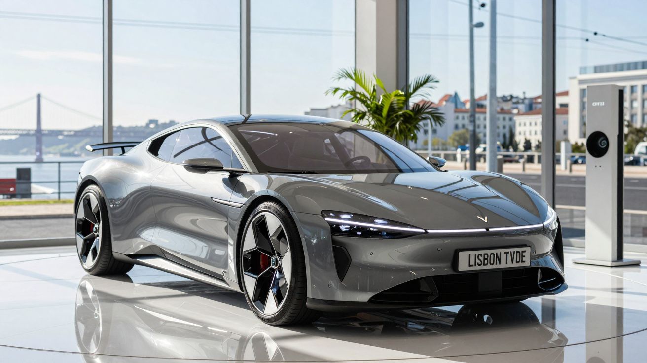 Carro desportivo elétrico cinza estacionado em salão com vista para rio e ponte ao fundo.