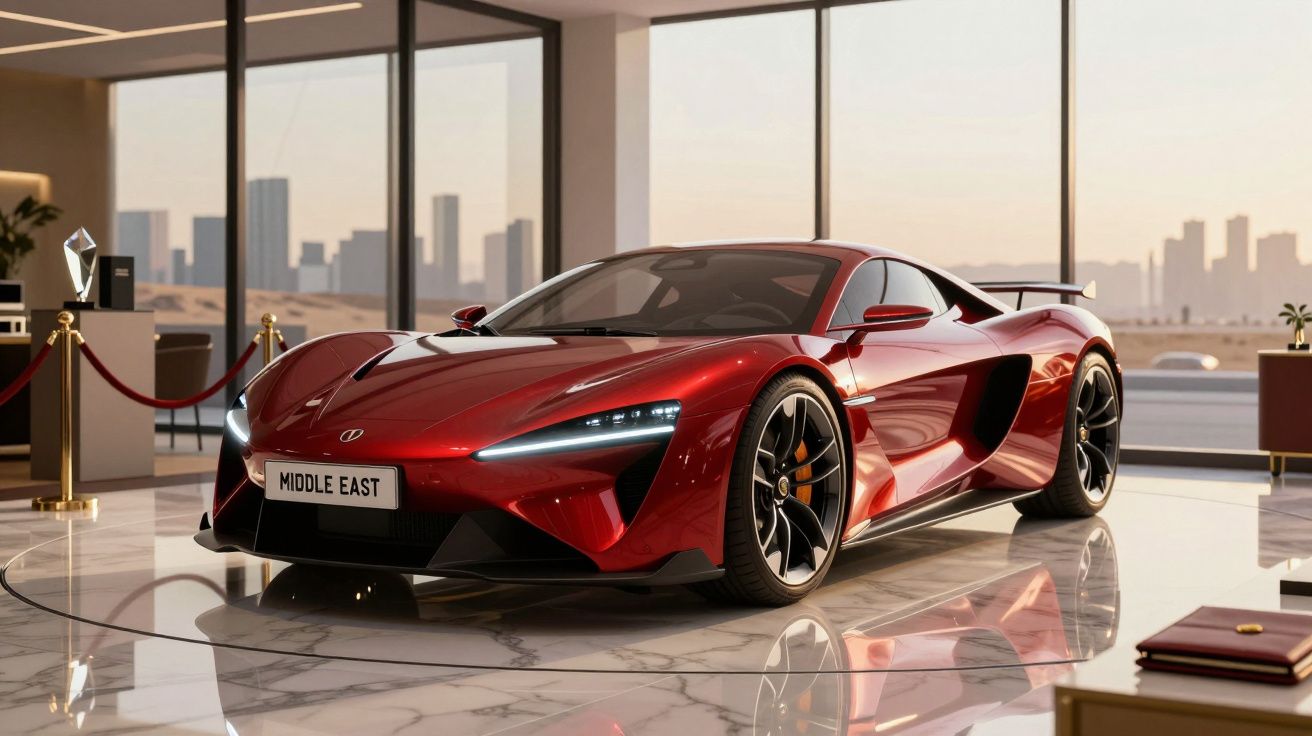 Carro desportivo vermelho brilhante com faróis LED exposto em salão moderno com janelas panorâmicas.