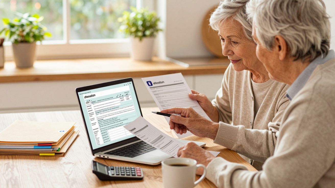 Casal sénior a analisar documentos financeiros com portátil, calculadora e café numa mesa iluminada.