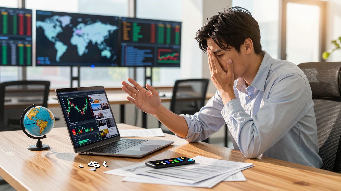 Homem com expressão preocupada em escritório, olhando para gráficos de ações negativos no computador portátil.