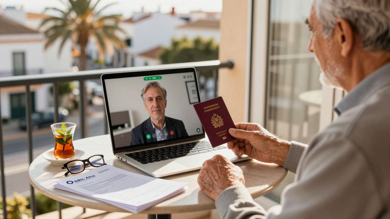 Idoso numa varanda a mostrar passaporte durante videochamada com homem num computador portátil.