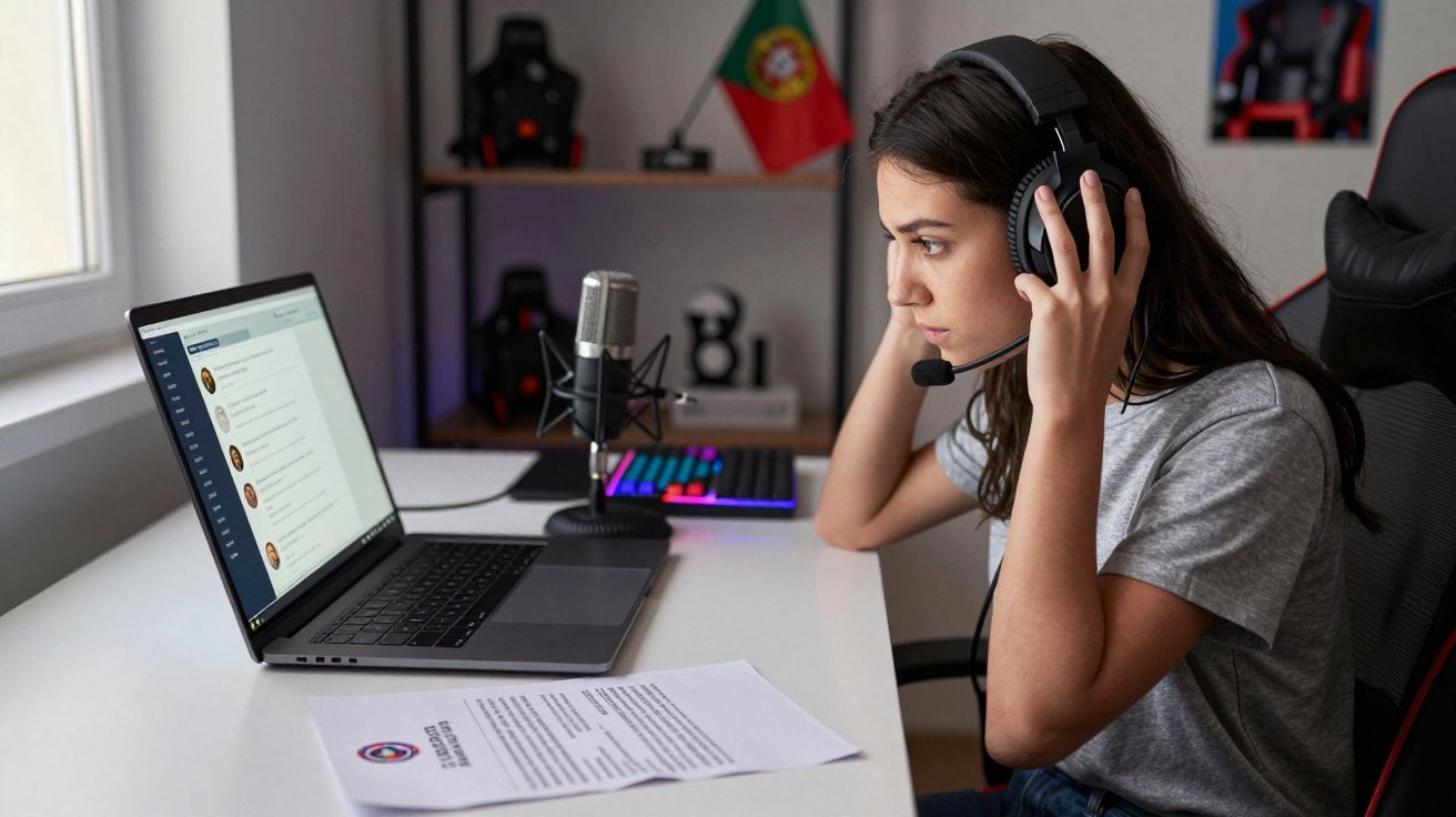 Jovem com auscultadores ajusta microfone enquanto está sentada à secretária com portátil e documentos.