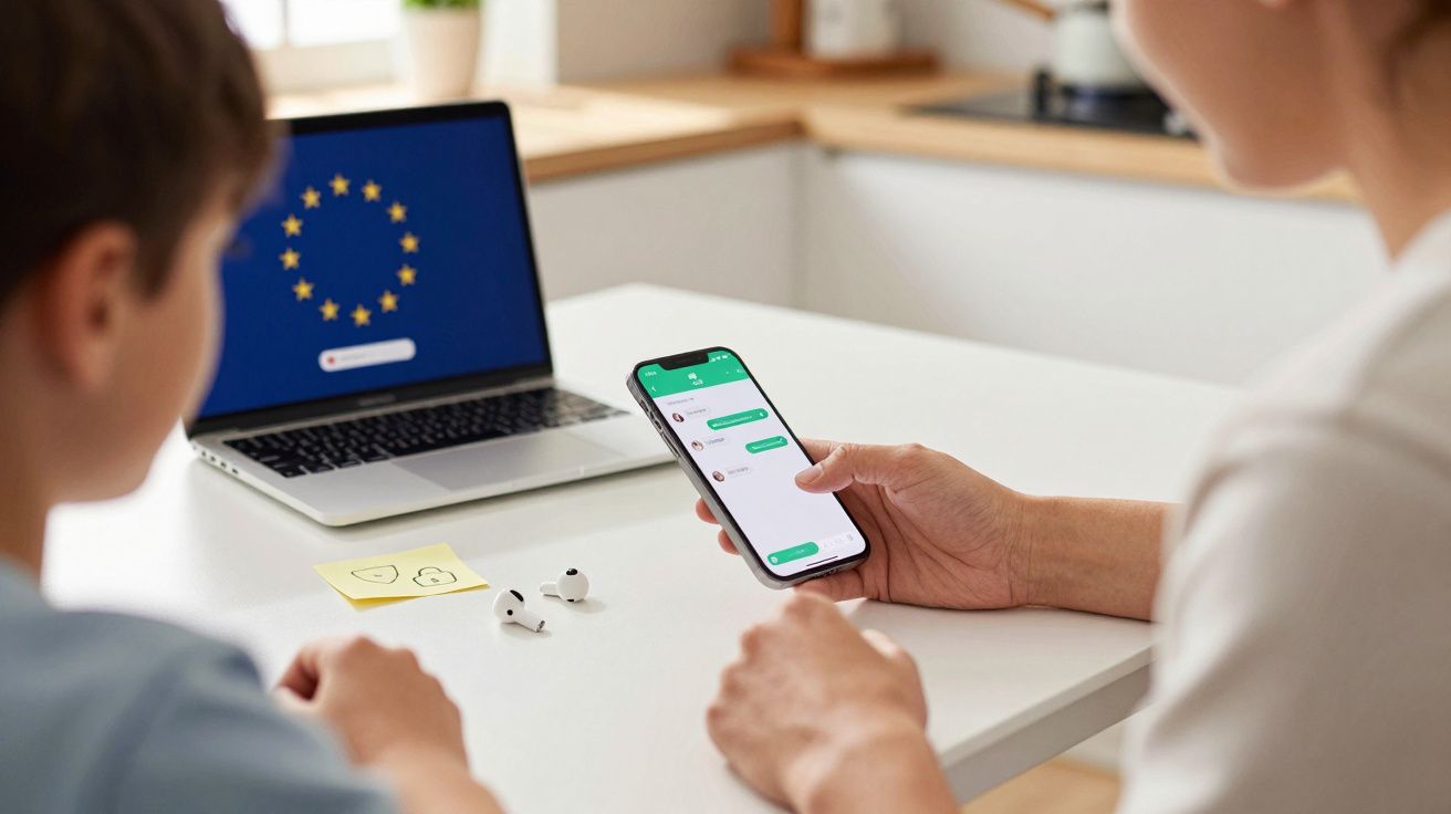 Pessoa a usar telemóvel para mensagens e criança ao lado, com portátil aberto e auscultadores sobre a mesa.