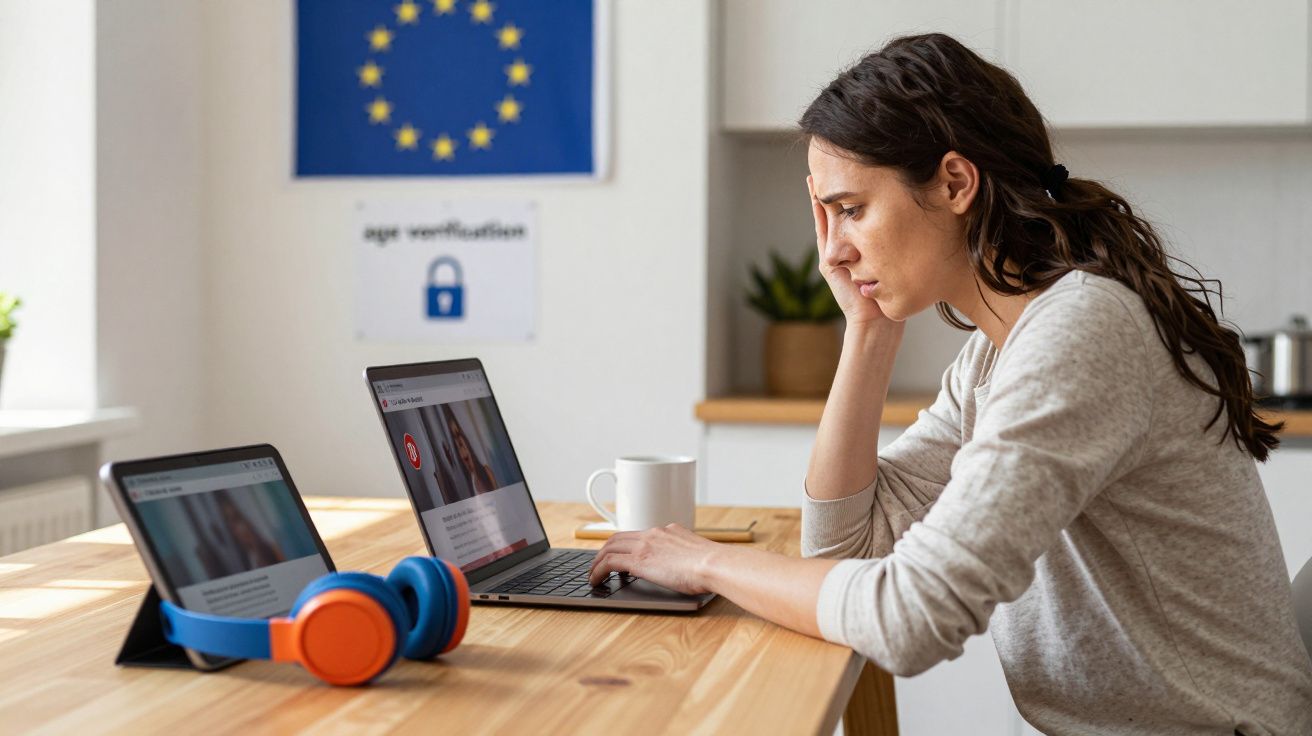 Mulher sentada a usar portátil num espaço com bandeira da UE, tablet e auscultadores sobre a mesa de madeira.