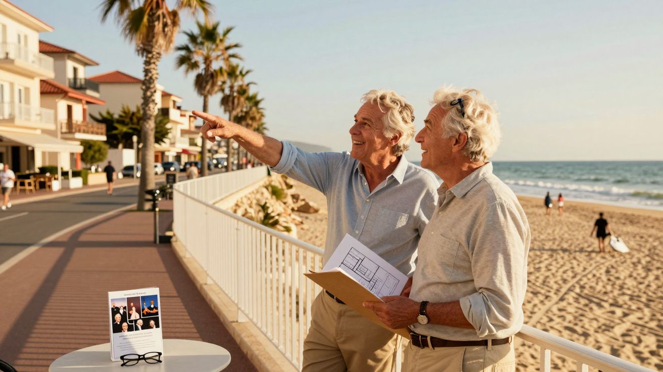 Dois homens idosos sorrindo e olhando para construções junto à praia ao pôr do sol.