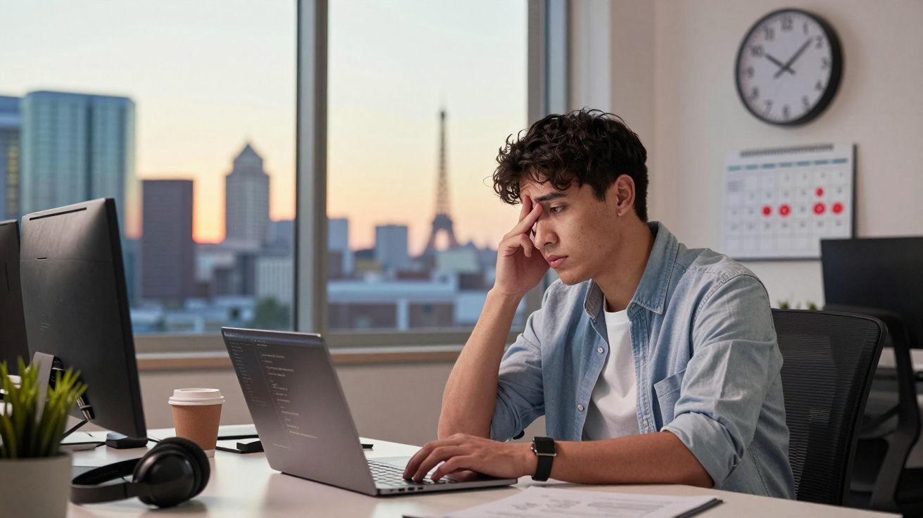 Homem jovem sentado no escritório a trabalhar no portátil, com expressão preocupada e vista da Torre Eiffel ao fundo ao pôr d