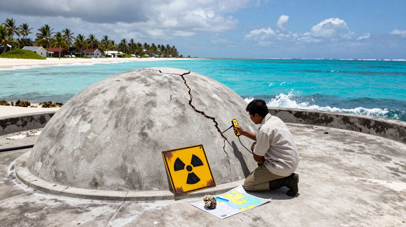 Homem analisa fissura em estrutura de betão junto ao mar com sinal de radioatividade ao lado.