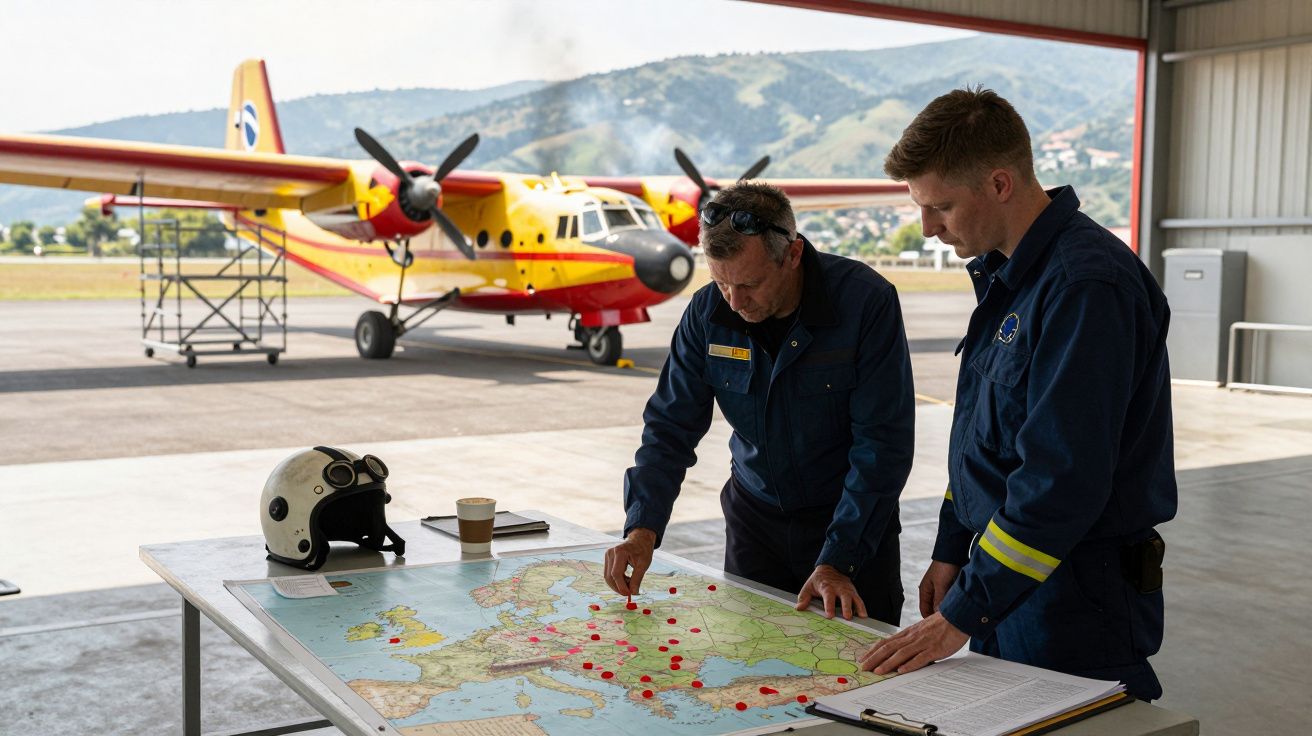 Dois homens em uniforme analisam um mapa com pontos vermelhos numa mesa de hangar, com avião amarelo ao fundo.