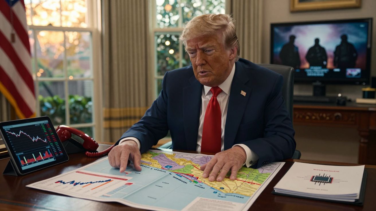 Homem de fato azul com gravata vermelha sentado à mesa a analisar mapas e gráficos.