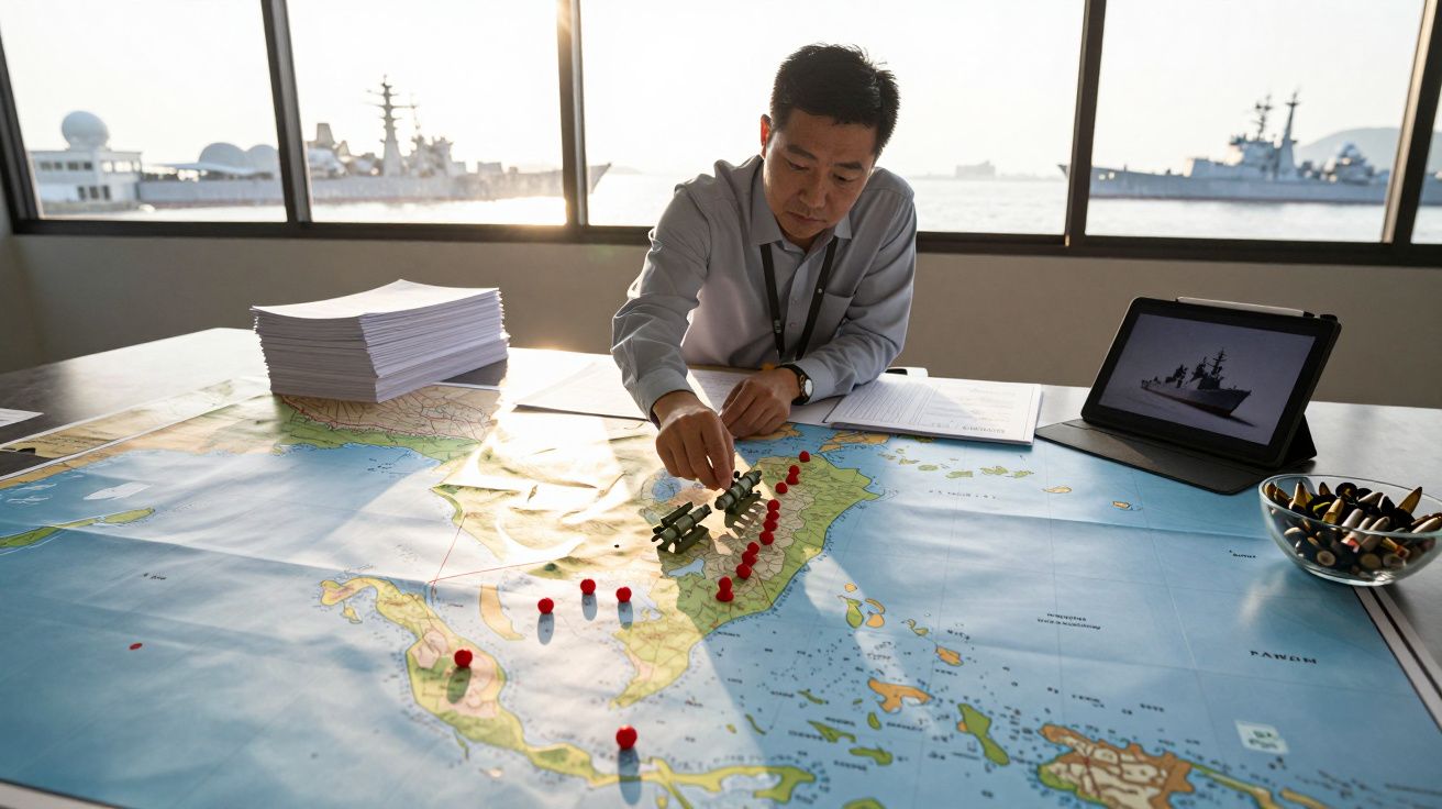 Homem em escritório a planear estratégias num mapa com marcadores, com vista para navios no mar ao fundo.