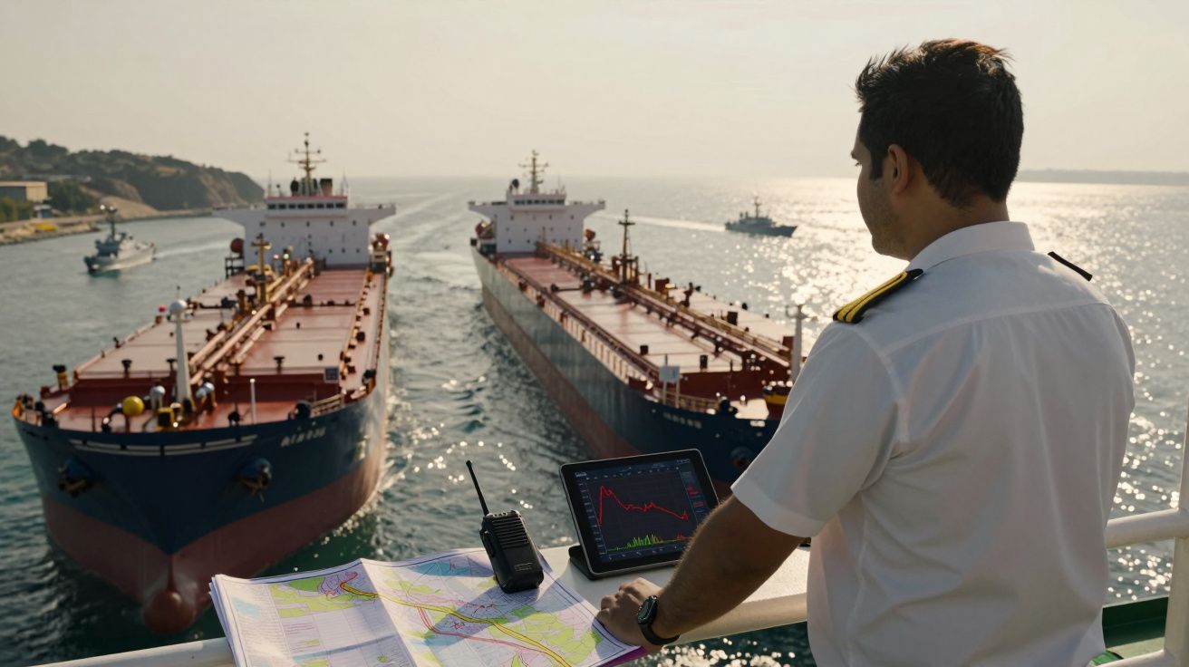Capitão de navio observa e navega duas embarcações grandes no mar, com mapas e equipamentos de navegação.