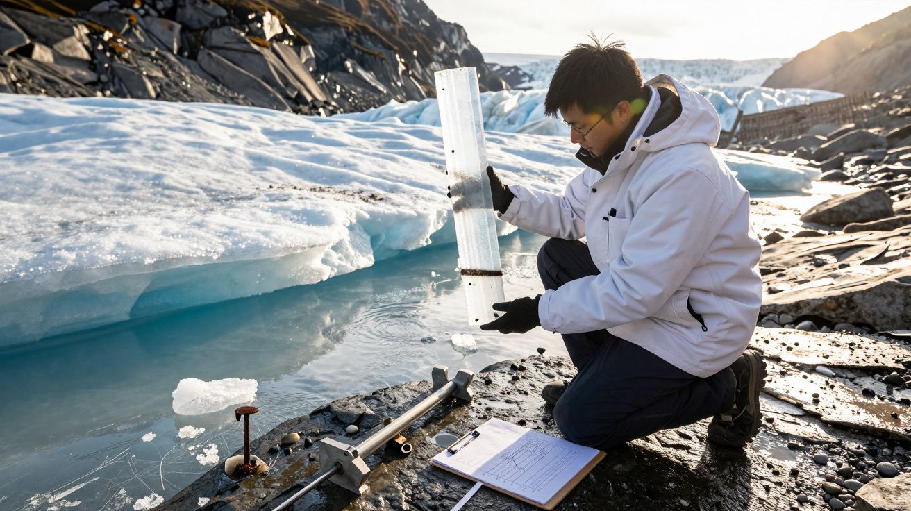 Cientista em roupa térmica analisa amostra de gelo perto de geleira numa paisagem rochosa e fria.