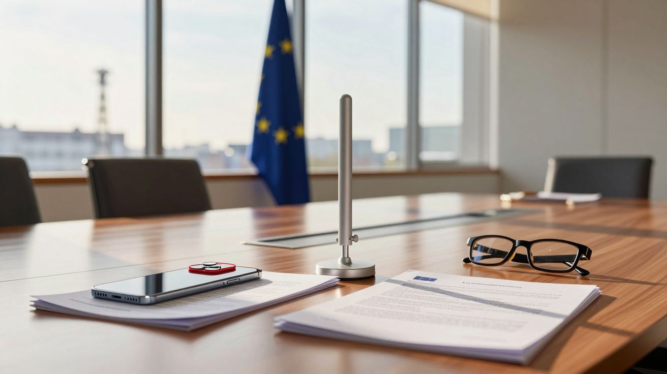 Mesa de reunião com documentos, telemóvel, óculos e uma bandeira da União Europeia ao fundo.