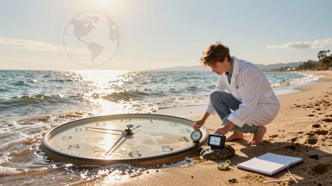 Jovem de bata branca ajusta um relógio pequeno ao lado de um relógio gigante na praia ao pôr do sol.
