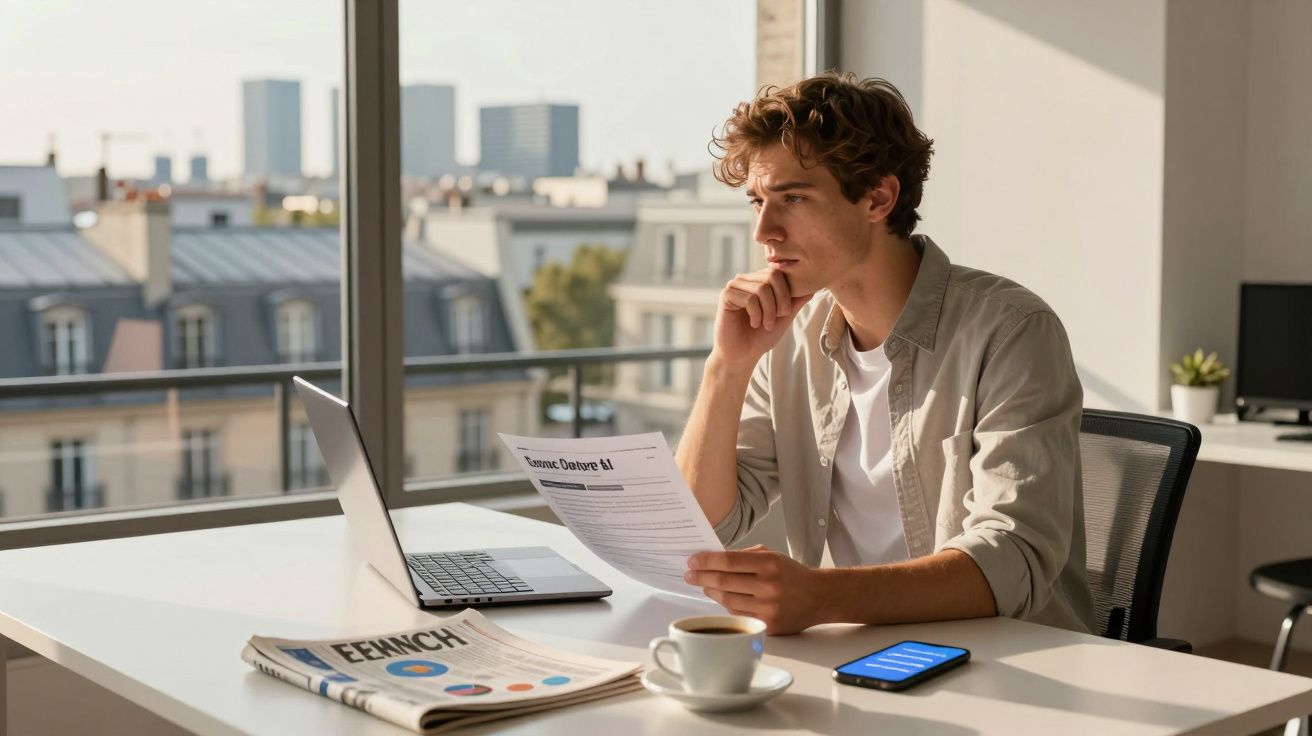 Homem jovem a trabalhar numa secretária com laptop, jornal, telemóvel e uma chávena de café numa sala iluminada.