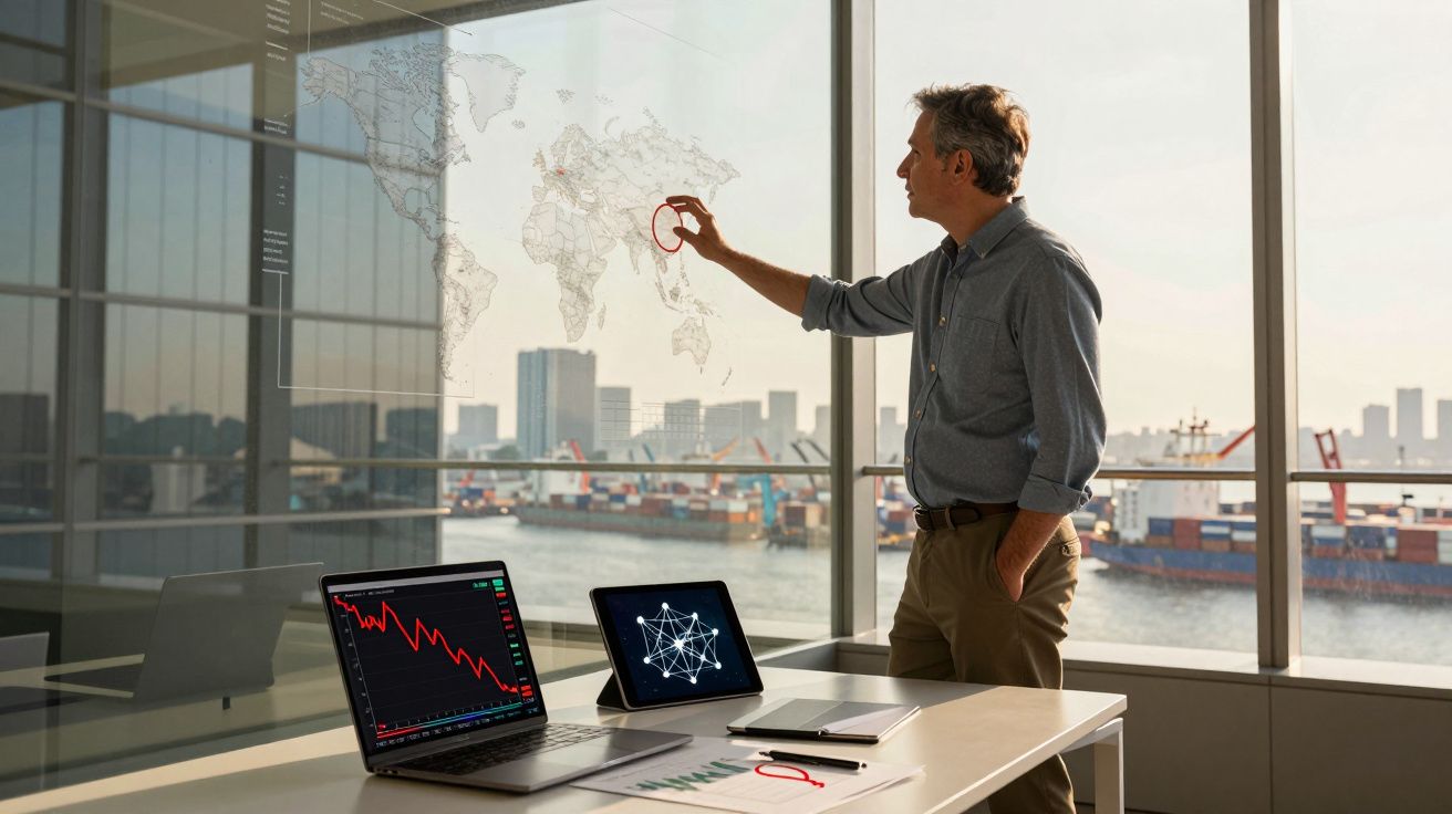 Homem a apontar para um mapa digital no vidro de um escritório com vista para um porto e porto de contentores.