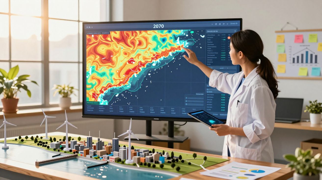 Cientista analisa dados climáticos futuros num ecrã enquanto estuda modelo de cidade com turbinas eólicas.