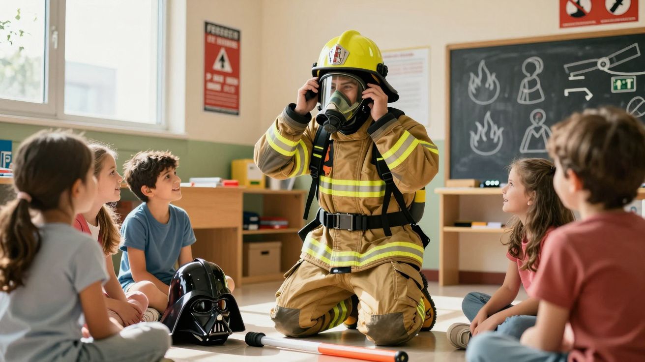 Bombeiro em uniforme completo com máscara a ensinar crianças numa sala de aula sobre segurança contra incêndios.