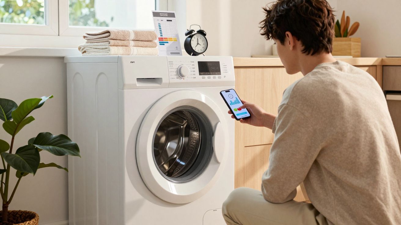 Homem ajoelhado a controlar máquina de lavar roupa com smartphone numa lavandaria iluminada.