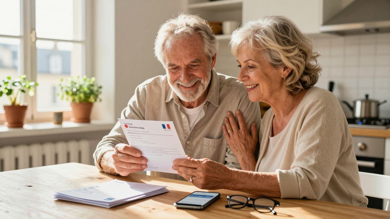 Casal sénior sentado à mesa da cozinha a sorrir enquanto lê uma carta juntos num ambiente iluminado.