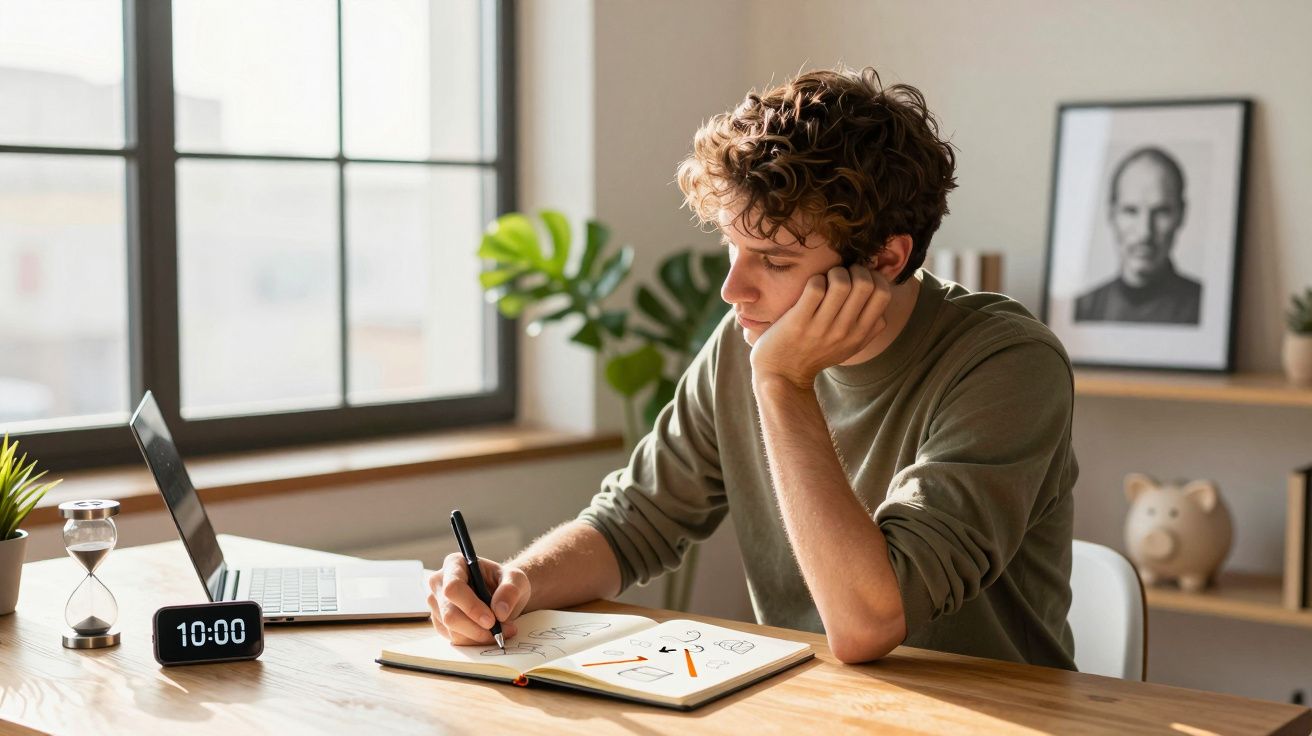 Jovem a desenhar e a pensar numa mesa com laptop, relógio digital e decoração moderna num ambiente luminoso.