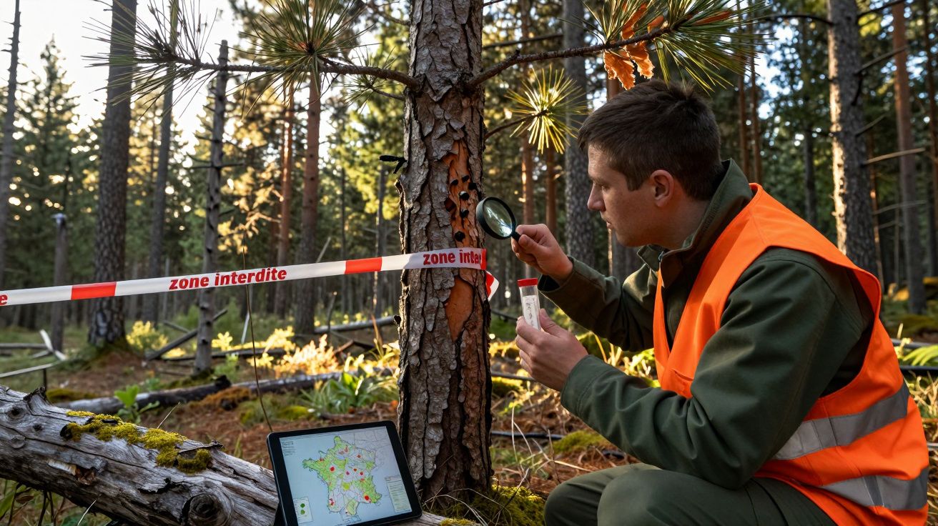 Homem com colete refletor usa lupa para examinar árvore marcada com fita de "zone interdite" numa floresta.