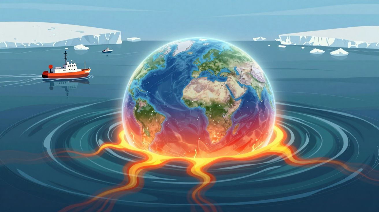 Ilustração do planeta Terra emergindo do oceano ártico com magma e icebergues ao fundo, simbolizando o aquecimento global.