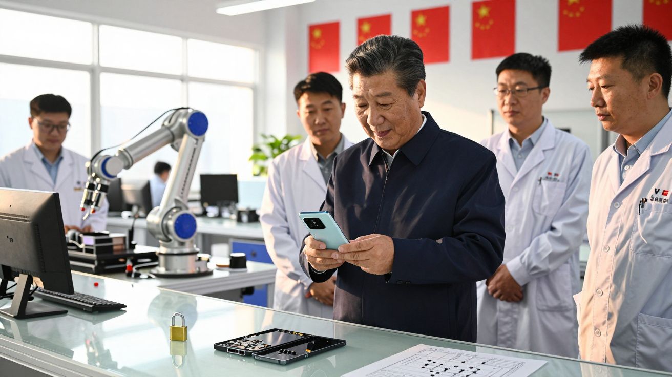 Homem com casaco azul usa telemóvel numa sala de laboratório com quatro técnicos em batas brancas e robô industrial ao fundo.