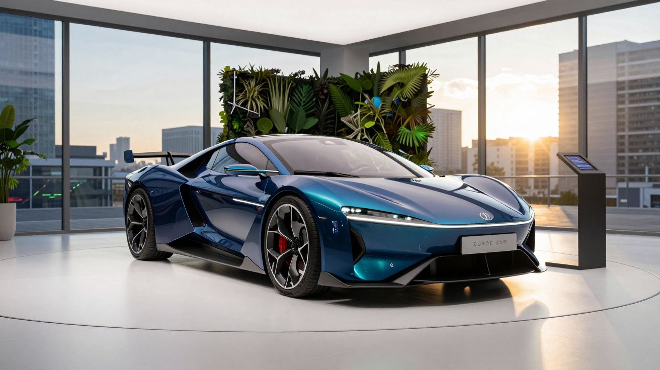 Carro desportivo azul metálico estacionado num espaço interior moderno com grandes janelas e plantas decorativas.