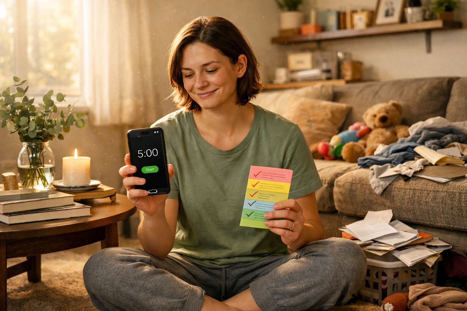 Mulher sentada no chão com lista colorida nas mãos e cronómetro no telemóvel, rodeada por livros e brinquedos.