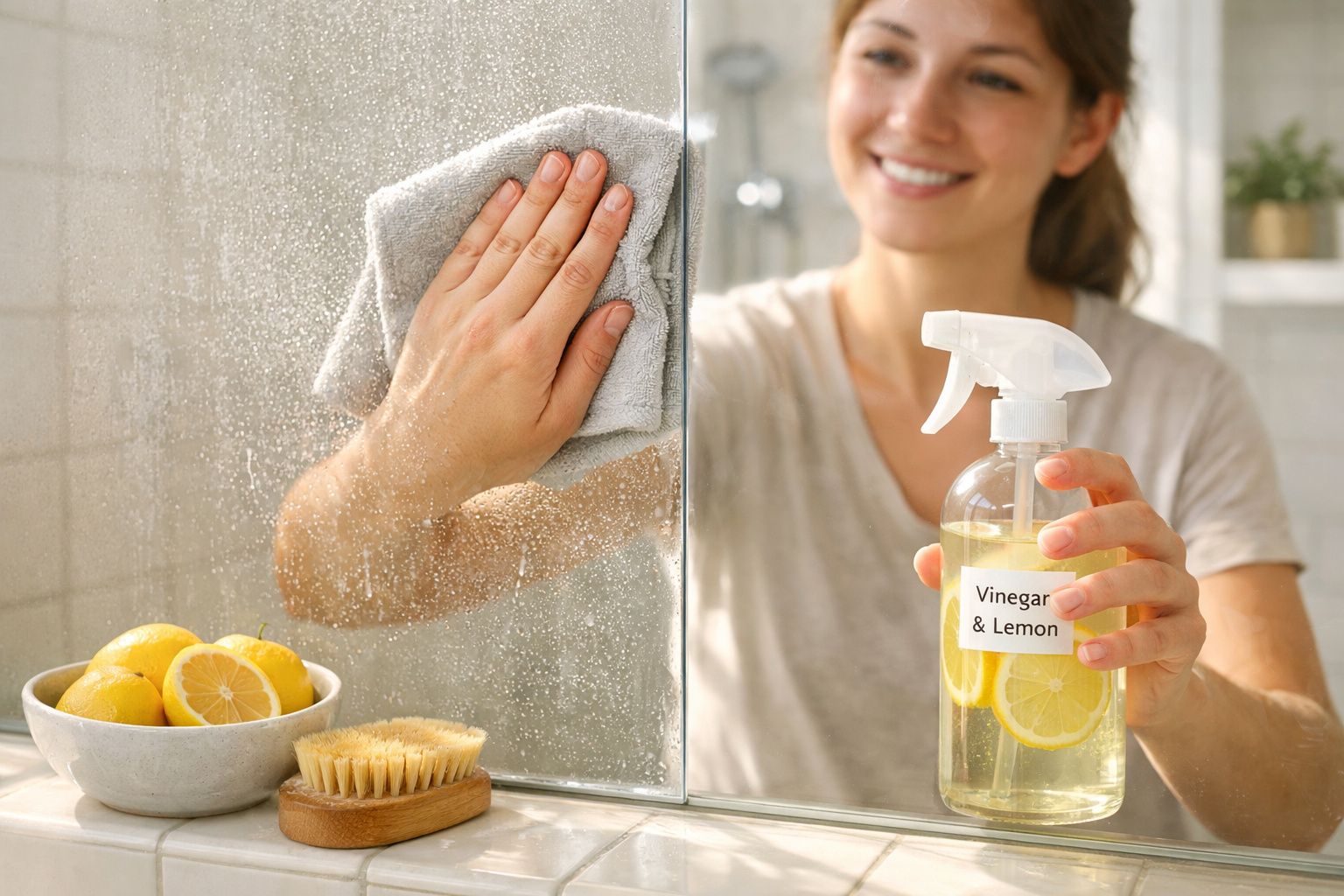 Mulher sorridente limpa espelho com pano e spray caseiro de vinagre e limão.