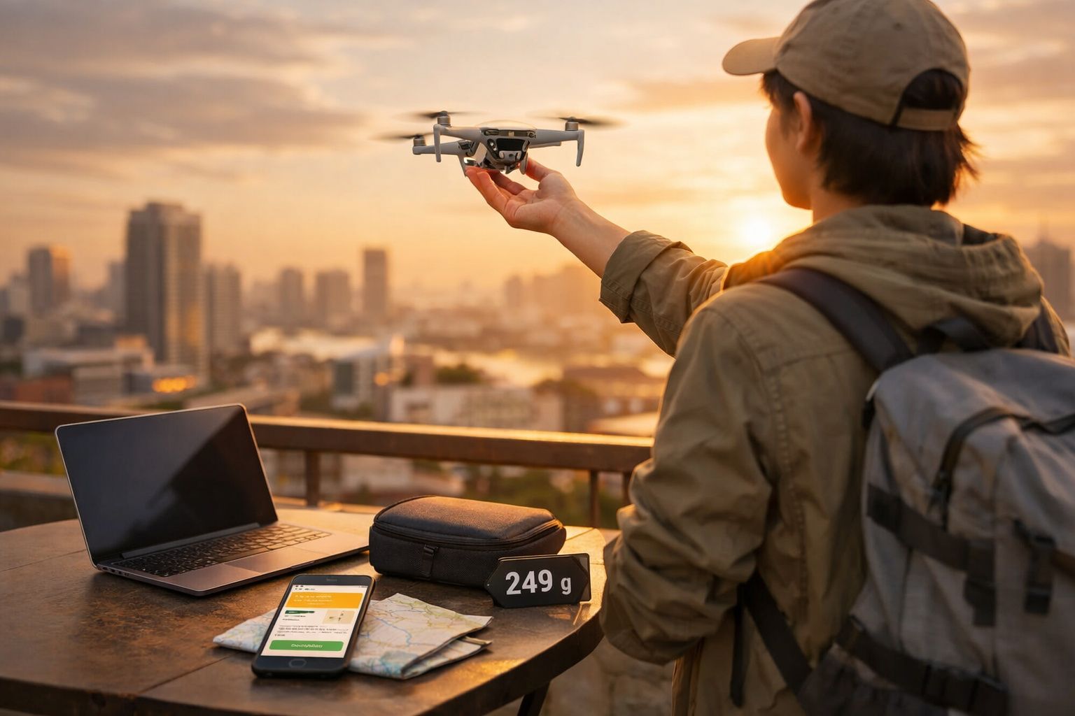 Pessoa a segurar drone com pôr do sol urbano ao fundo, mesa com portátil, telemóvel e itens de drone.