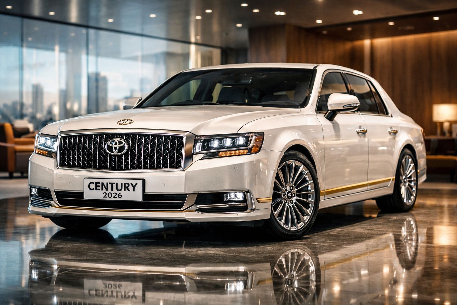 Automóvel Toyota Century 2026 branco, estacionado num ambiente interior moderno e sofisticado.