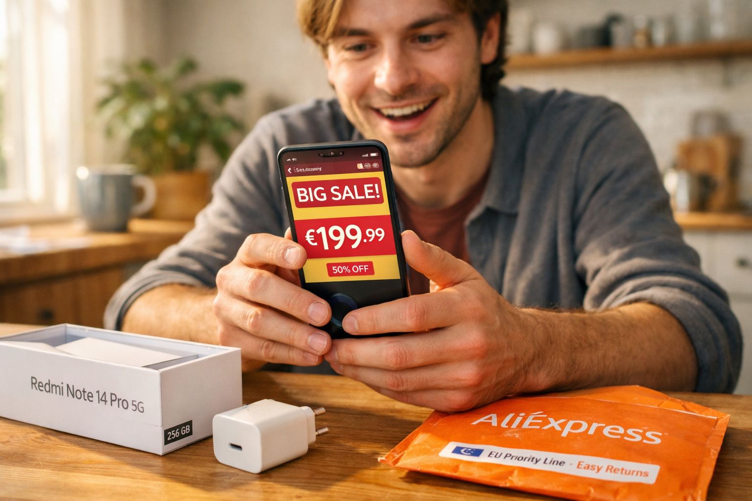 Homem sorridente a mostrar telemóvel com promoção de telemóvel Redmi Note 14 Pro 5G em desconto na AliExpress.