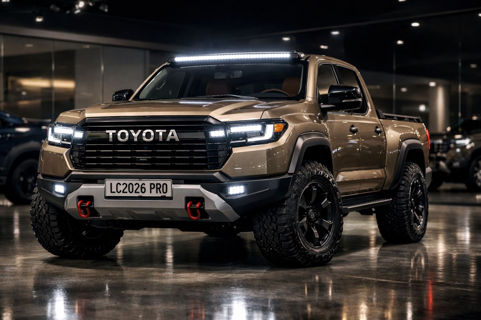 Picape Toyota cor bronze com faróis e luzes LED em ambiente interior moderno.