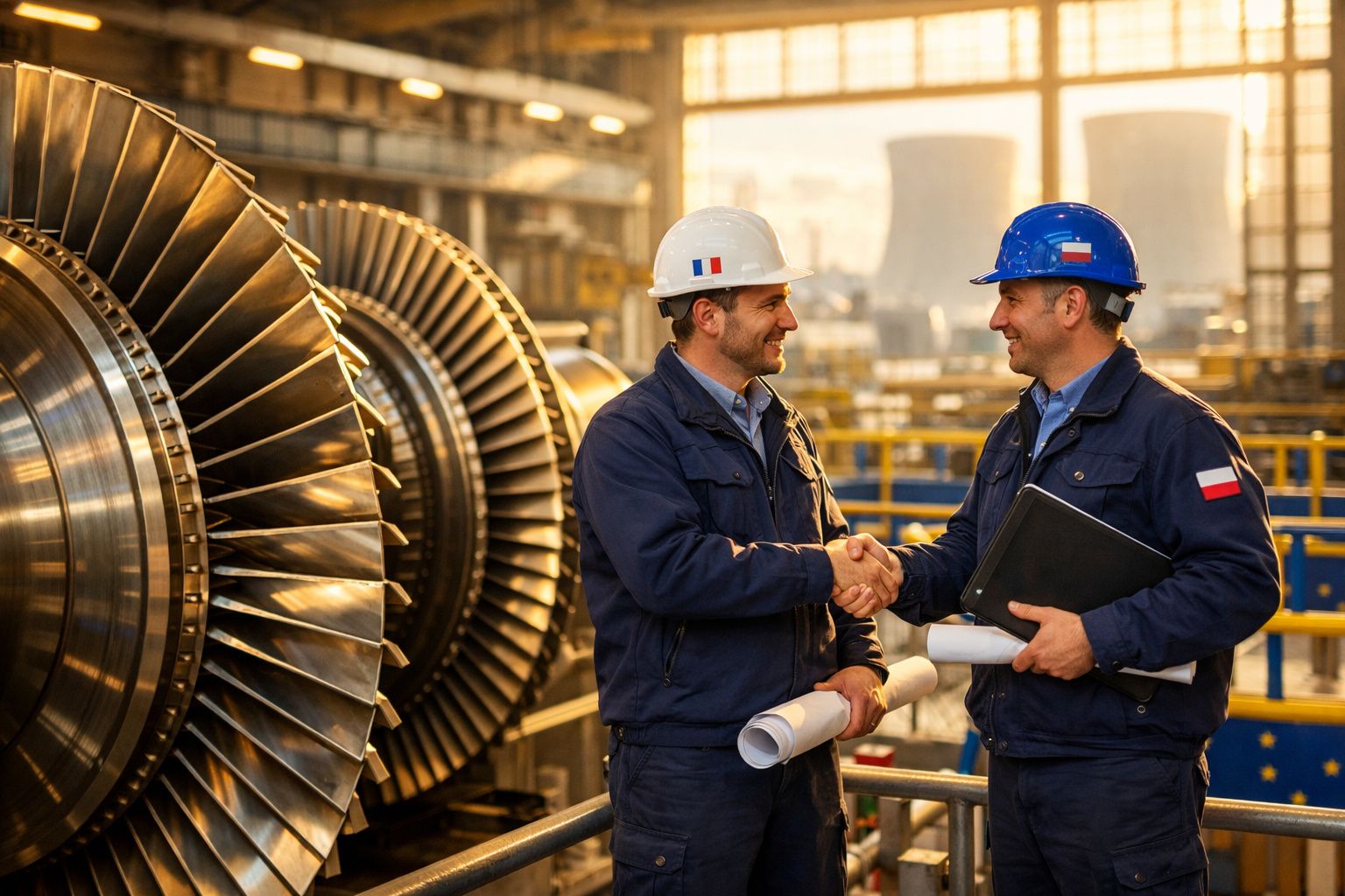 Dois engenheiros de capacetes e macacões a cumprimentarem-se numa fábrica com turbinas industriais ao fundo.
