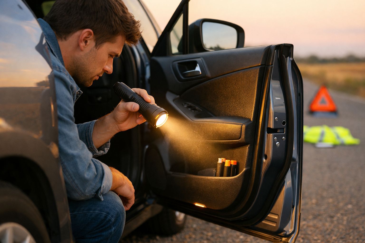 Homem com lanterna inspeciona o interior da porta de um carro parado numa estrada ao anoitecer.