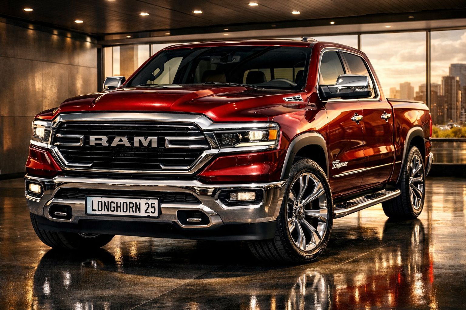 Pick-up RAM Longhorn vermelho metálico estacionada num espaço interior com chão refletor.