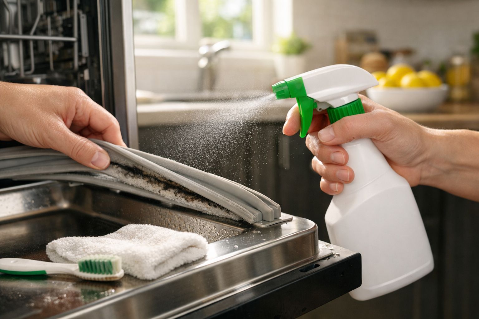 Mãos a limpar e pulverizar o interior de uma máquina de lavar loiça com líquido desinfetante.