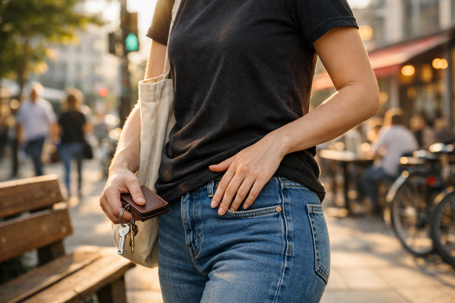 Pessoa com mala carteira e chaves na mão numa rua movimentada ao final da tarde.