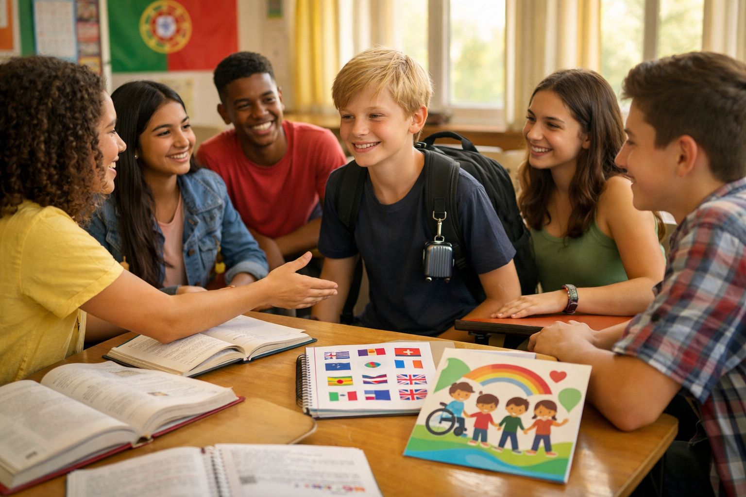 Grupo de jovens estudantes sorrindo e a conversar à volta de uma mesa com livros e desenhos.