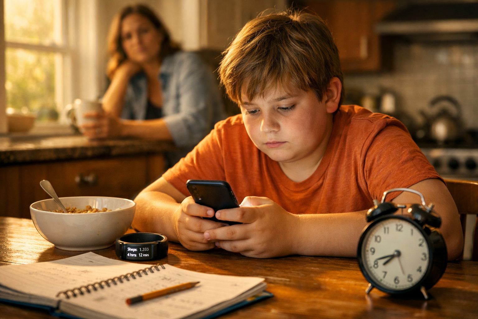 Criança sentada à mesa a usar telemóvel, com mãe ao fundo e relógio despertador à frente.