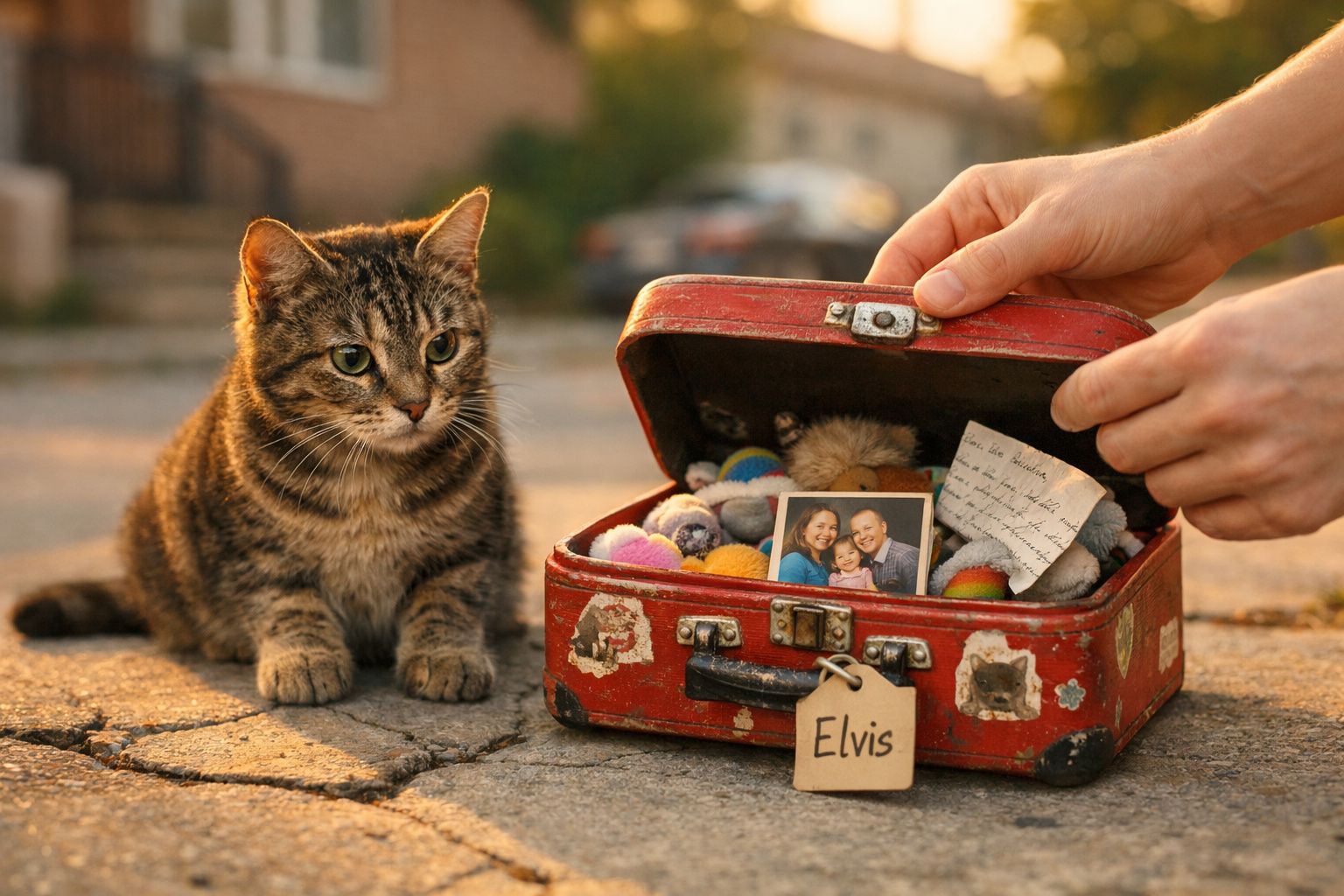 Gato tigrado sentado ao lado de uma caixa vermelha aberta cheia de brinquedos e fotografias.