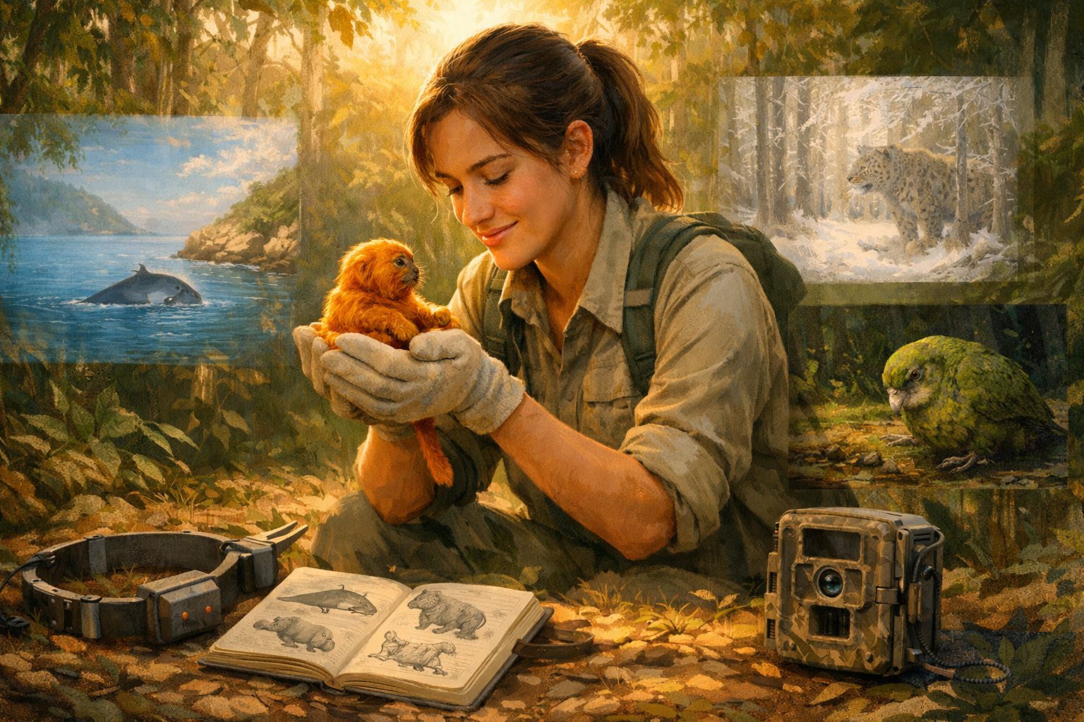 Mulher de camisa e luvas segura pequeno macaco-dourado em ambiente natural com livros e equipamentos.