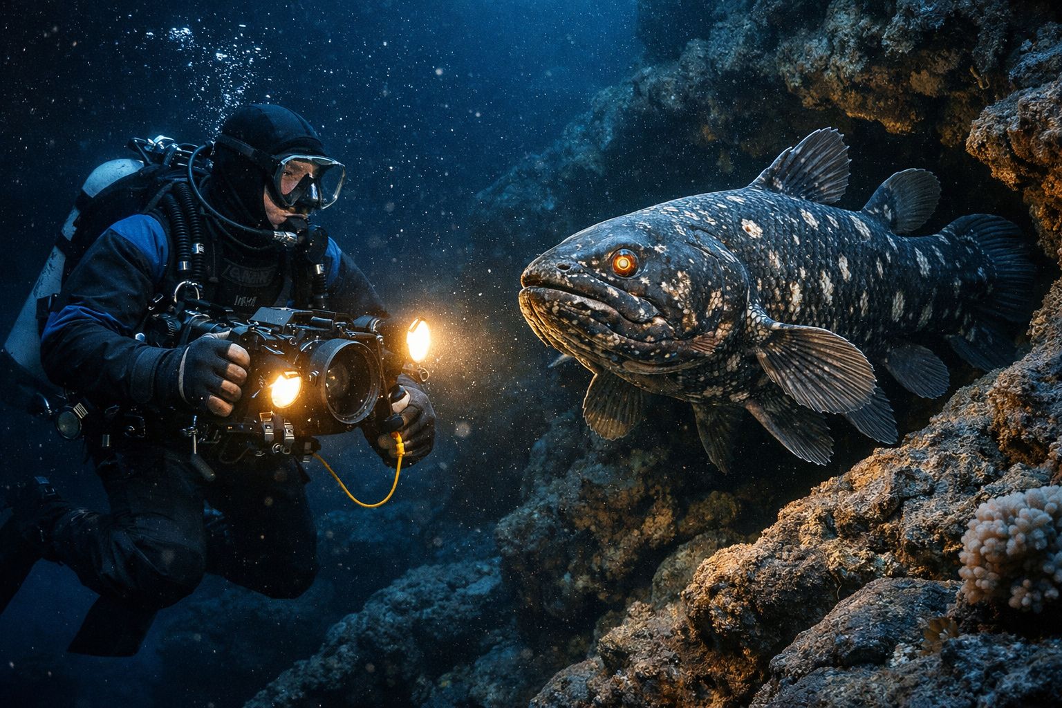 Mergulhador com câmara e luzes subaquáticas a filmar peixe grande junto a recife de coral.